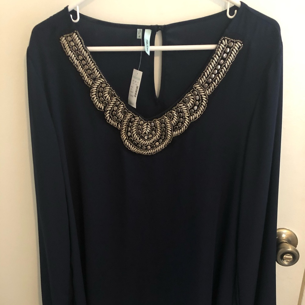 Embellished Neckline Navy Long Sleeve Top